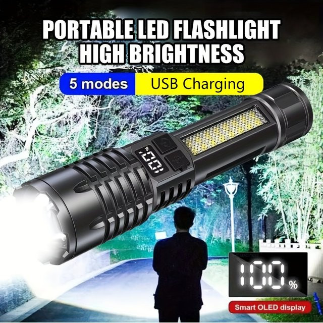 XIWANGFIRE COB-LED-Taschenlampe in Schwarz, USB wiederaufladbar, zoombar mit Seitenlicht, wasserdicht für Camping, Wandern und Notfälle - Bild 1