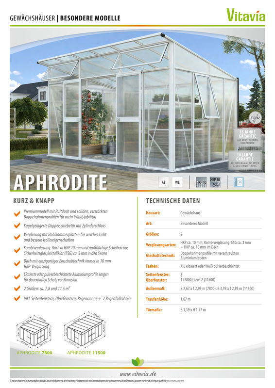 Vitavia Gewächshaus Aphrodite 7800 mit Pultdach, Aluminium eloxiert, silber, 7,8 m², 3 mm ESG und 10 mm Polycarbonat, mit Doppelschiebetür - Bild 2