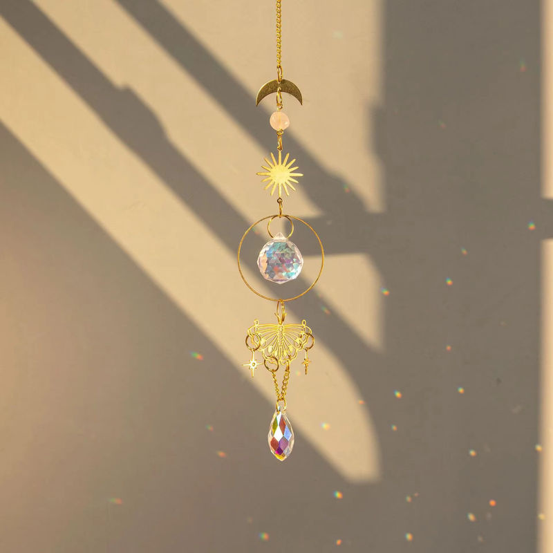 Bohemian Traumfänger mit Schmetterling, Rosenquarz und Rohstein in Rosa und Gold zur Dekoration von Garten, Fenster und Raum - Bild 4