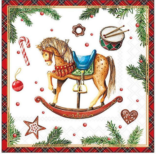 Serviette Classic Rocking Horse aus Papier in Multicolor mit nostalgischem Schaukelpferd-Design für die Weihnachtszeit - Bild 1