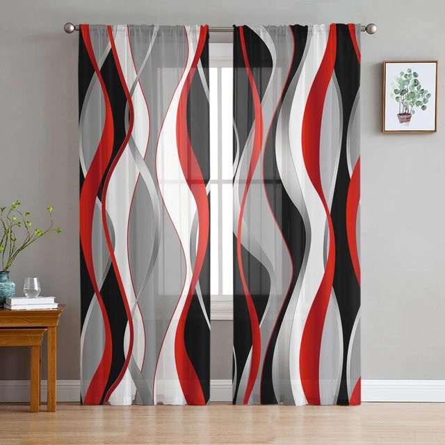 Yiran Furniture Transparente Tüll Vorhänge mit geometrischem Design in Rot Schwarz Grau, Breite: 135 cm, Höhe: 115 cm - Bild 1