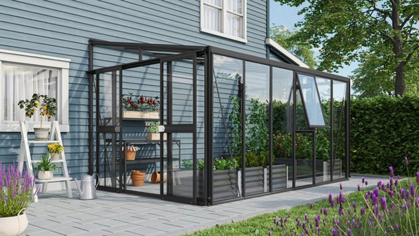 Vitavia Anlehn-Gewächshaus Athena 10200 Schwarz mit 10,2 m² Fläche, Pultdach und Polycarbonat-Verglasung