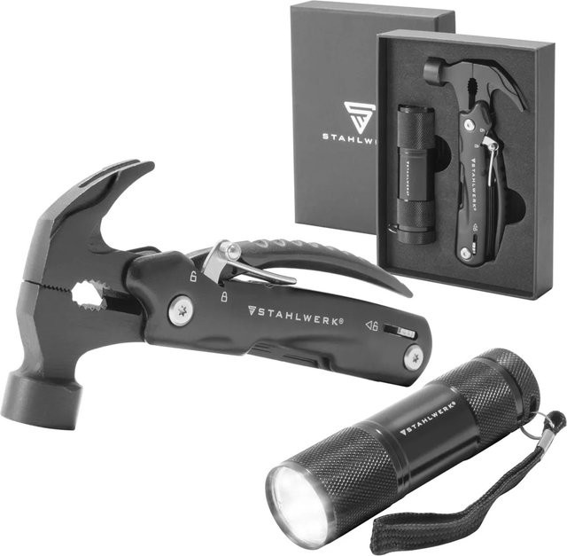 STAHLWERK Multitool Taschenmesser in Schwarz aus Edelstahl mit 12 Funktionen inklusive Taschenlampe, Hammer, Zange, Schraubendreher und Säge - Bild 1