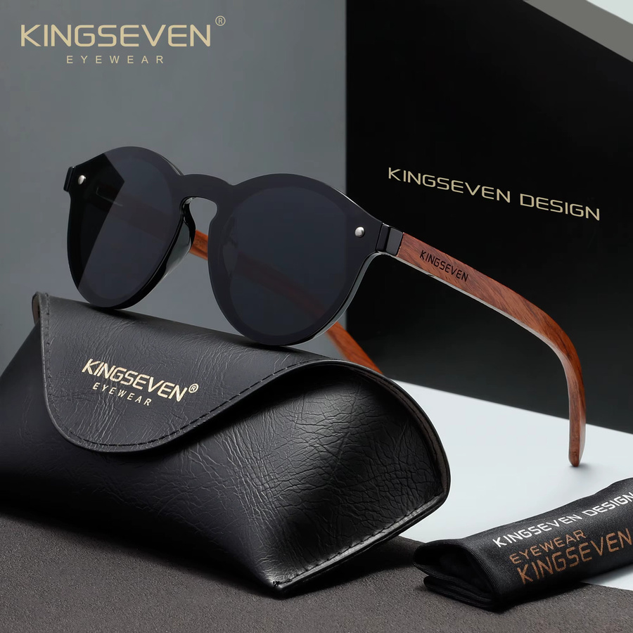 KINGSEVEN Sonnenbrille, Holz, rund, Vollrand, polarisiert, Unisex - Bild 1