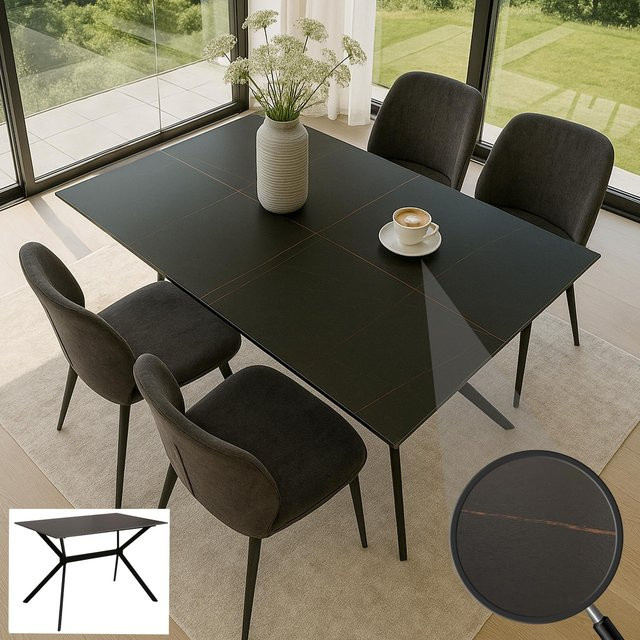 MCW Esszimmertisch O58 in Marmor-Optik aus Sinterstein und Metall, Schwarz-Gold, B: 120 cm, T: 70 cm, H: 76 cm - Bild 1