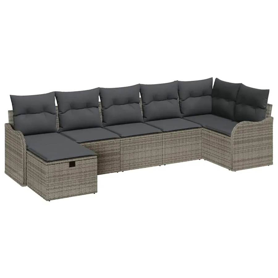vidaXL Garten-Sofa-Set aus Poly-Rattan in Grau, 7-teiliges L-Shape Lounge-Set mit Kissen, Ottoman und integriertem Stauraum - Bild 2