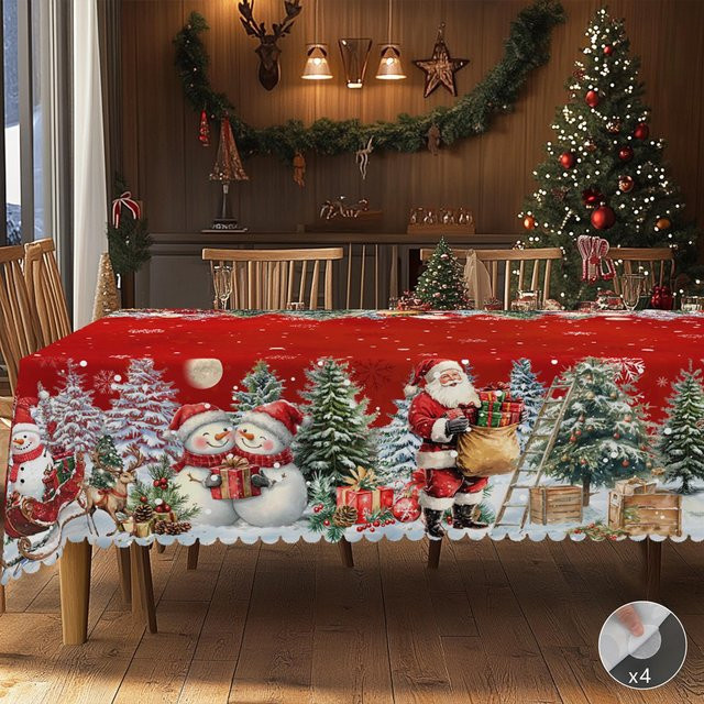JINGYUE Pet Weihnachts-Tischdecke im Vintage-Bauernhaus-Stil mit Weihnachtsmann, Rentier und Weihnachtsbaum, Rot, B: 140 cm, L: 180 cm - Bild 1