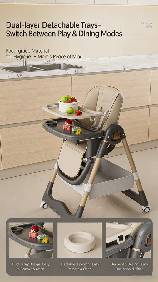 3-in-1-Hochstuhl für Babys und Kleinkinder, faltbarer Babyhochstuhl mit Rollen und höhenverstellbarem PU-Lederkissen in Grau und Beige - Bild 3