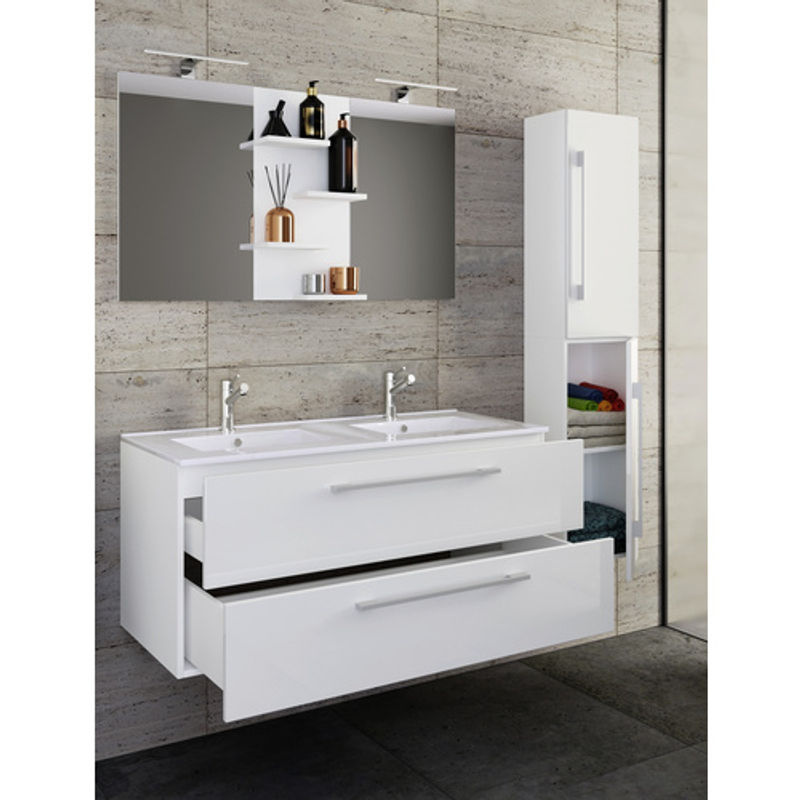 VCM Badmöbel-Set Budasi 4-teilig mit Doppelwaschtisch, Unterschrank, Hochschrank und Spiegel in Weiss - Bild 3