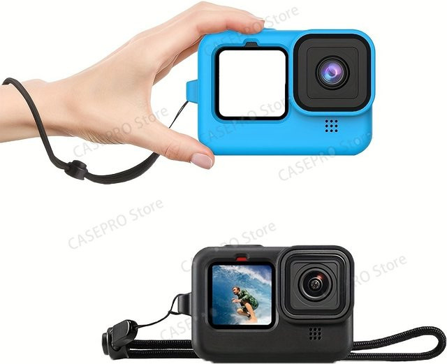 Silikon Schutzhülle für GoPro 12 11 10 9 inklusive Linsenabdeckung und Lanyard in Schwarz und Blau - Bild 1