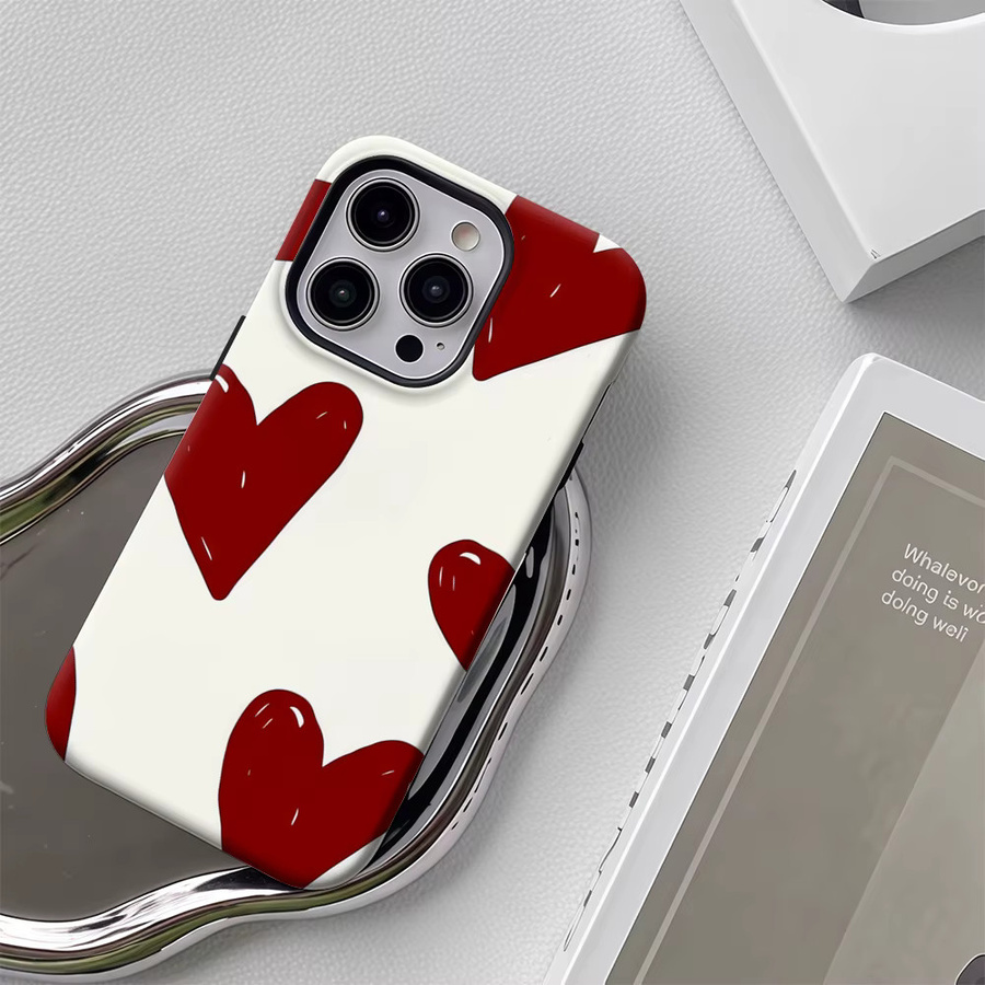 Apple iPhone Handyhülle mit rotem Herzmuster und doppelschichtiger Rückseite - Bild 4
