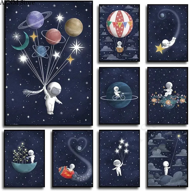 Potdemiel Leinwandgemälde mit Cartoon-Astronauten-Weltraummotiv, Mond und Sternen in Marineblau zur Kinderzimmer-Dekoration - Bild 1