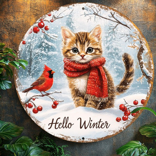 Vintage Wandkunstschild aus Aluminium von Potdemiel mit Weihnachtskatze und Kardinal, runde Winterszene, Mehrfarbig, Durchmesser: 20,32 cm - Bild 1