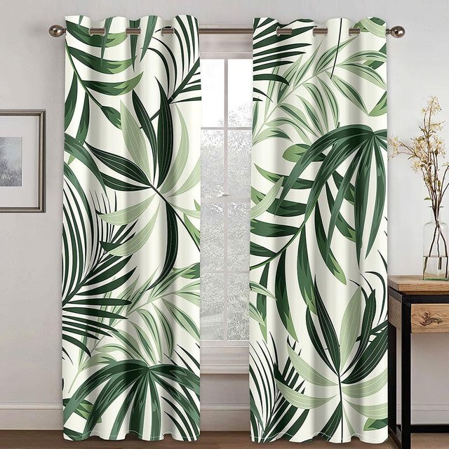 2er-Set A Family Of Home Textiles Vorhänge mit abstraktem Boho Mid Century Design, florale Palmblätter in Weiß, semi-transparent, B: 75 cm, H: 166 cm - Bild 1