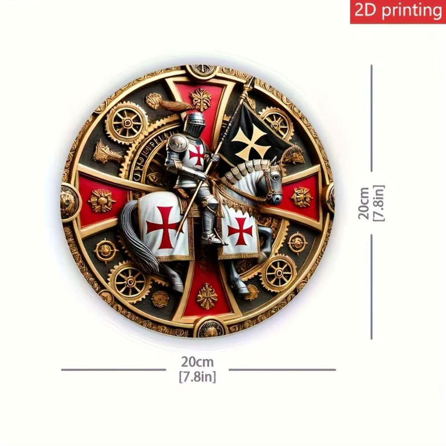 Potdemiel Vintage Metallwandkunst Rund mit Templer-Motiv Ritter und Kreuz, Mehrfarbig, Durchmesser: 20,32 cm - Bild 3
