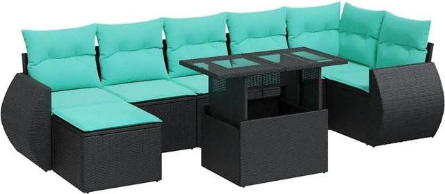 vidaXL 8-teilige Garten-Sofagarnitur aus Poly-Rattan mit Kissen in Schwarz und Blau - Bild 1
