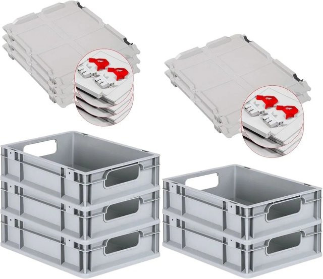 PROREGAL Spar Set 5x Eurobox Nextgen Economy mit Scharnierdeckel und roten Schiebeschnappverschlüssen, Grau/Rot, H x B x T: 12 x 30 x 40 cm, 11 Liter - Bild 1