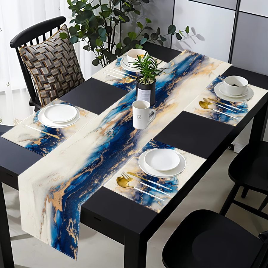 VIKAMA 7-teiliges Luxus-Tischset mit Marmormuster in Blau, Weiß und Gold bestehend aus Tischsets und Tischläufern - Bild 4