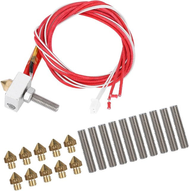 DIYelecs 3D-Drucker Extruder Set mit Aluminium-Heizblock, 10 Stück 30 mm Heizleitungen und 10 Stück 0,4 mm Düsen in Rot - Bild 1