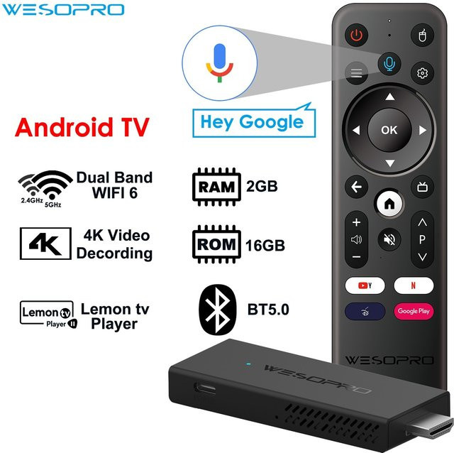 WESOPRO TV Stick G2 Android 12 Smart TV Dongle in Schwarz mit 2GB RAM, 16GB ROM, Wifi6, Bluetooth 5.0 und 4K UHD Unterstützung - Bild 1