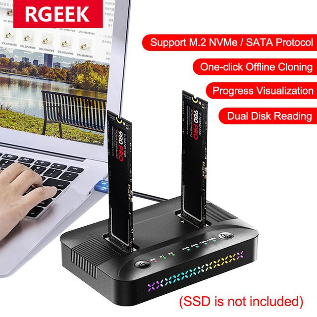 RGeek Dual-Bay M.2 RGB SSD Dockingstation für NVMe und NGFF, USB 3.2 Gen2 Typ C mit 10 Gbit/s Datenübertragung und Offline-Klonfunktion, Schwarz/Multicolor - Bild 1