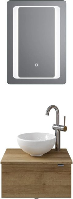 Pelipal Badmöbel-Set Serie 6915 Riviera Eiche mit Waschtischunterschrank, Waschtischplatte, Keramik Aufsatzbecken und Funktionsspiegel mit LED-Beleuchtung und Sensor-Schalter - Bild 1