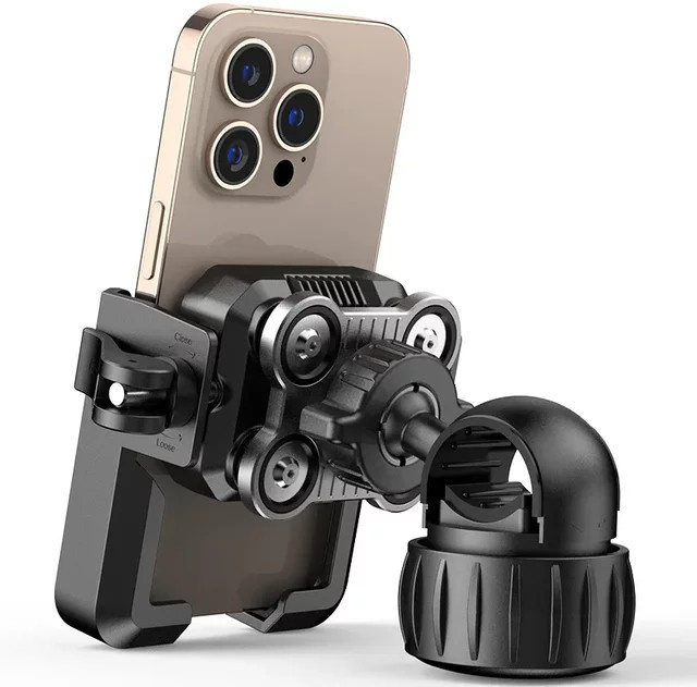 Universeller Handyhalter für Motorrad und Fahrrad mit Vibrationsdämpfer und verstellbarer Lenkerhalterung in Schwarz für iPhone und Samsung Smartphones - Bild 1