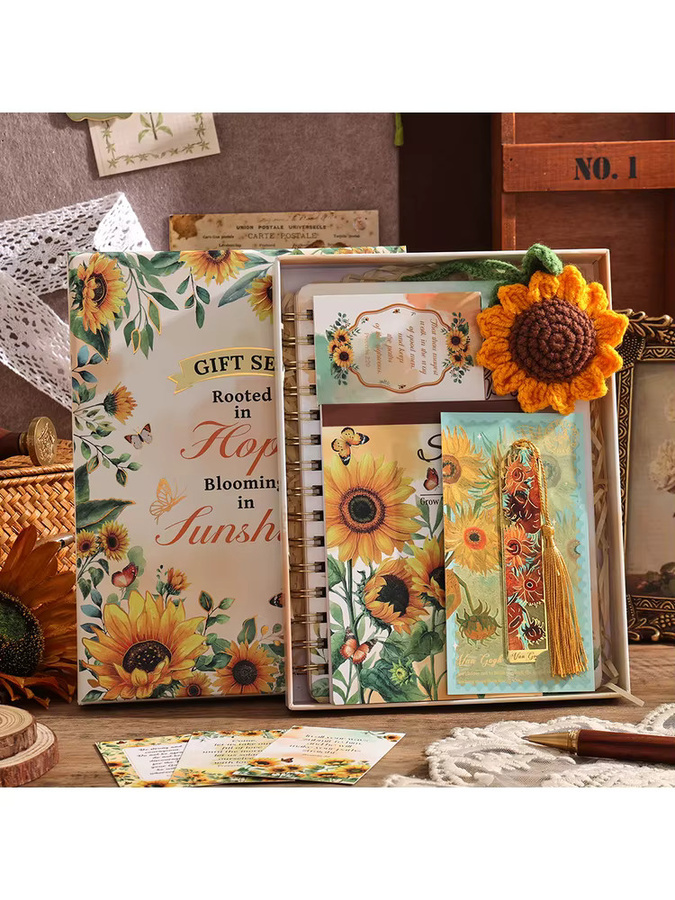 A5 Wochenplaner-Set mit Notizbuch, Sonnenblumen-Lesezeichen, Schlüsselanhänger und Aufklebern in Mehrfarbig - Bild 2