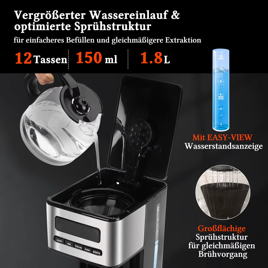 Taylor Swoden Filterkaffeemaschine mit Glaskanne, Schwarz, 1,8 l, mit 24H Timer, Eiskaffee-Modus und 3-stufiger Stärkeauswahl - Bild 3