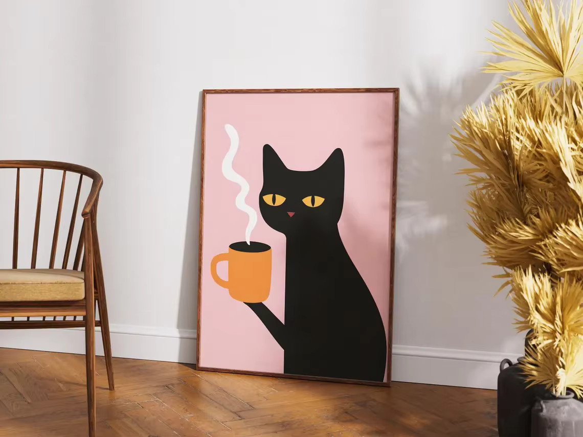 Minimalistischer Wandkunstdruck von SHENCHEN mit schwarzer Katze und Kaffeetasse auf zartrosa Hintergrund, modernes Katzenposter aus Papier - Bild 3