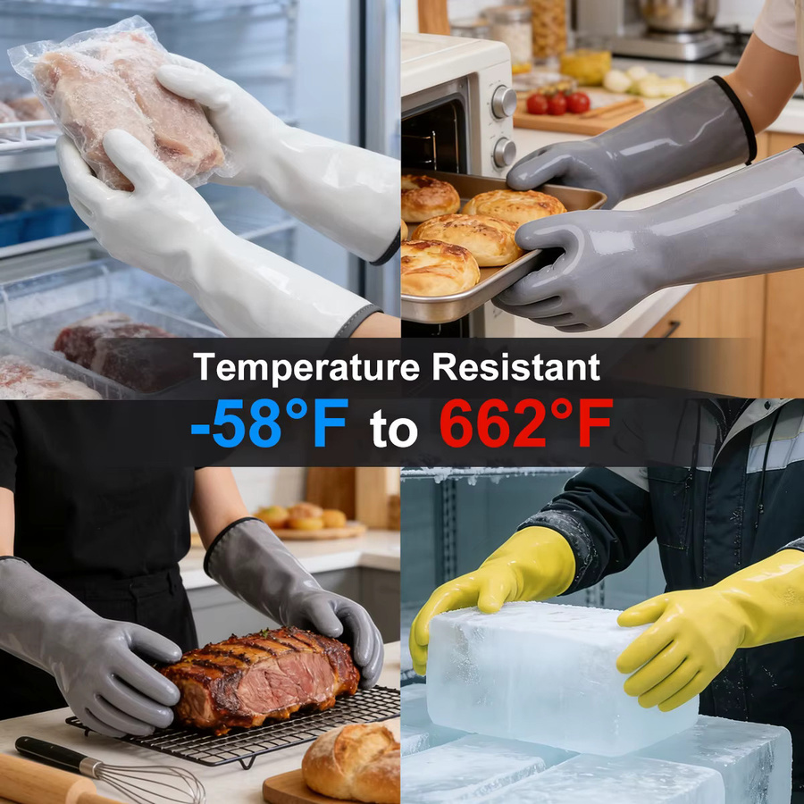 XYEHS Flüssigsilikon-Handschuhe in Weiß, lebensmittelecht, hitzebeständig und wasserdicht mit Frottee-Einsatz zum Kochen, Backen und Grillen - Bild 4