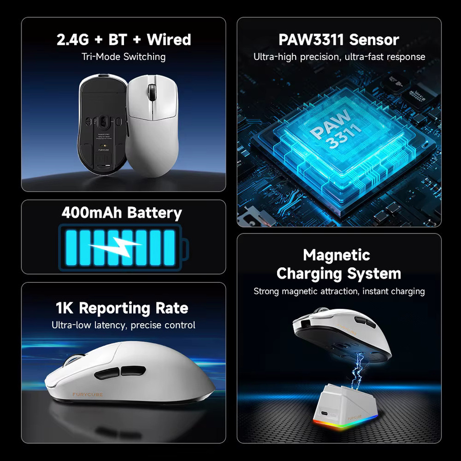 FURYCUBE G13 Pro Tri-Mode Kabellose Gaming-Maus mit PAW3311 Sensor, RGB und Ladestation, Weiß - Bild 2
