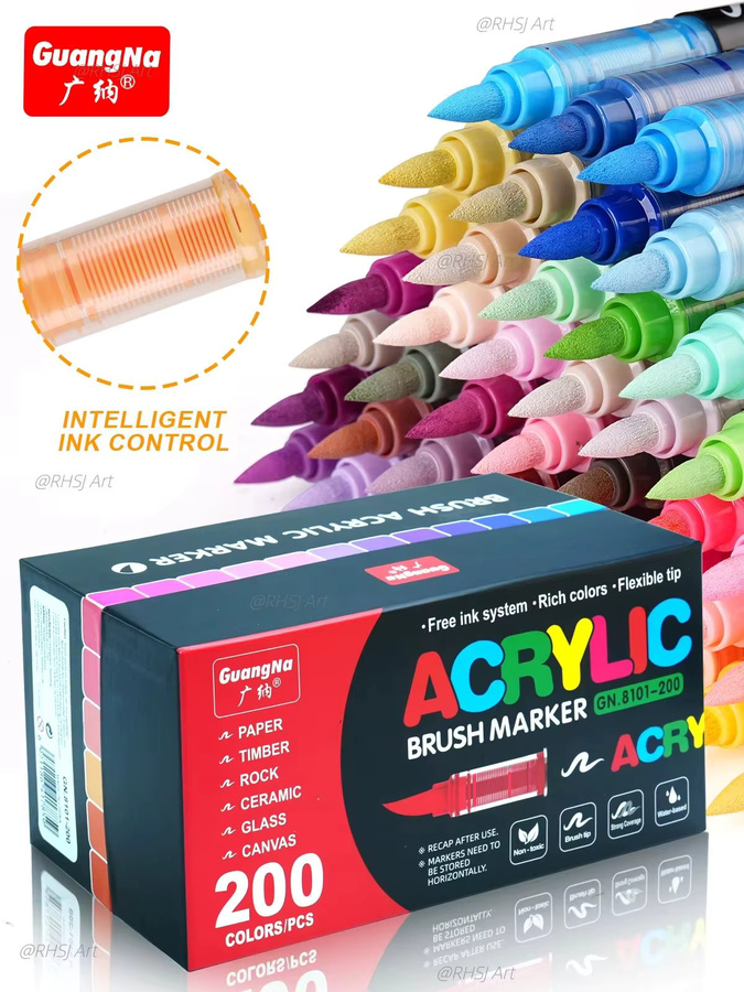 Professionelles Acryl-Markierstift-Set mit 200 Farben und weicher Pinselspitze, schnell trocknende wasserbasierte Tinte für Stein, Kunststoff, Holz, Leinwand und Glas, Mehrfarbig - Bild 6