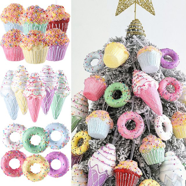 Partigos Weihnachtsbaum Anhänger Set mit süßen Donuts, Cupcakes und Eiswaffeln in Mehrfarbig und Gold - Bild 1