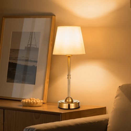 VEVOR Akkuschreibtischlampe in Gold mit Stoffschirm, 3 Dimmstufen und wiederaufladbarem 5200mAh Akku für Restaurant, Schlafzimmer und Bar - Bild 1