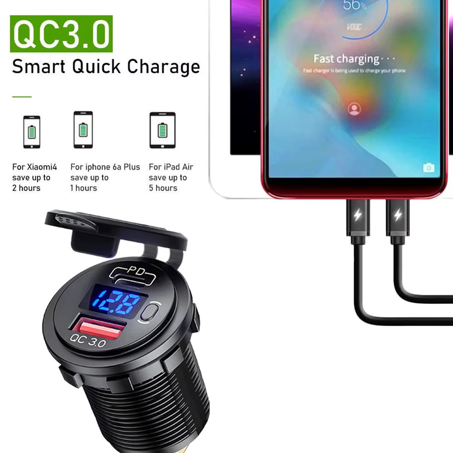 Kebidumei Dual USB Schnellladegerät mit QC3.0 und Voltmeter, 12V/24V Steckdosenadapter in Schwarz - Bild 6