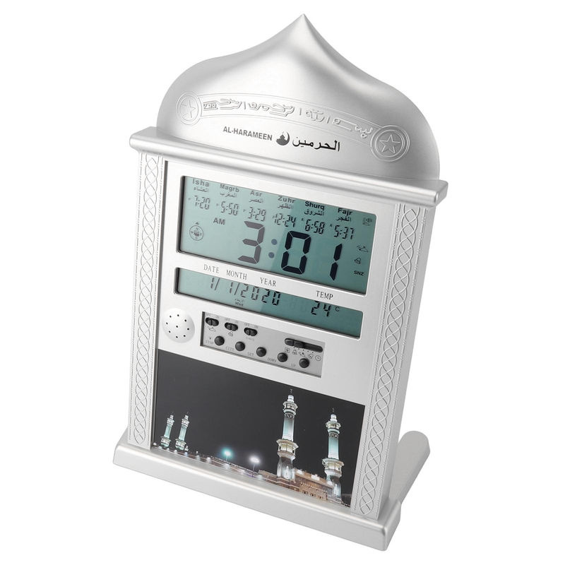 Digitale Azan Gebetsuhr von Tooarts mit Wecker und Datumsanzeige, multifunktionale muslimische Wanduhr in Silber - Bild 2