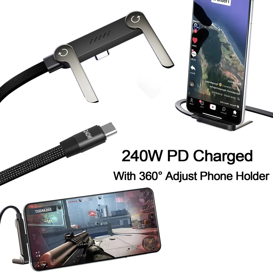 Amzwn 2-in-1 Typ-C-Kabel mit faltbarem Handyhalter, 240 W Schnelllade-Datenkabel und Dual-PD-Funktion, Schwarz - Bild 4