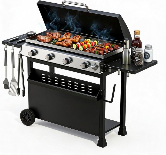 HiMISS 2-in-1 Gasgrill mit 4 Flammen und Plancha-Oberfläche in Schwarz mit wetterfester Haube und 32.000 BTU Leistung - Bild 1
