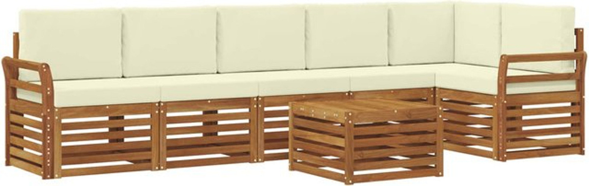 vidaXL Ecksofa Set aus Massivholz Akazie in Natur und Beige mit 7 Kissen, modern und wendbar - Bild 1