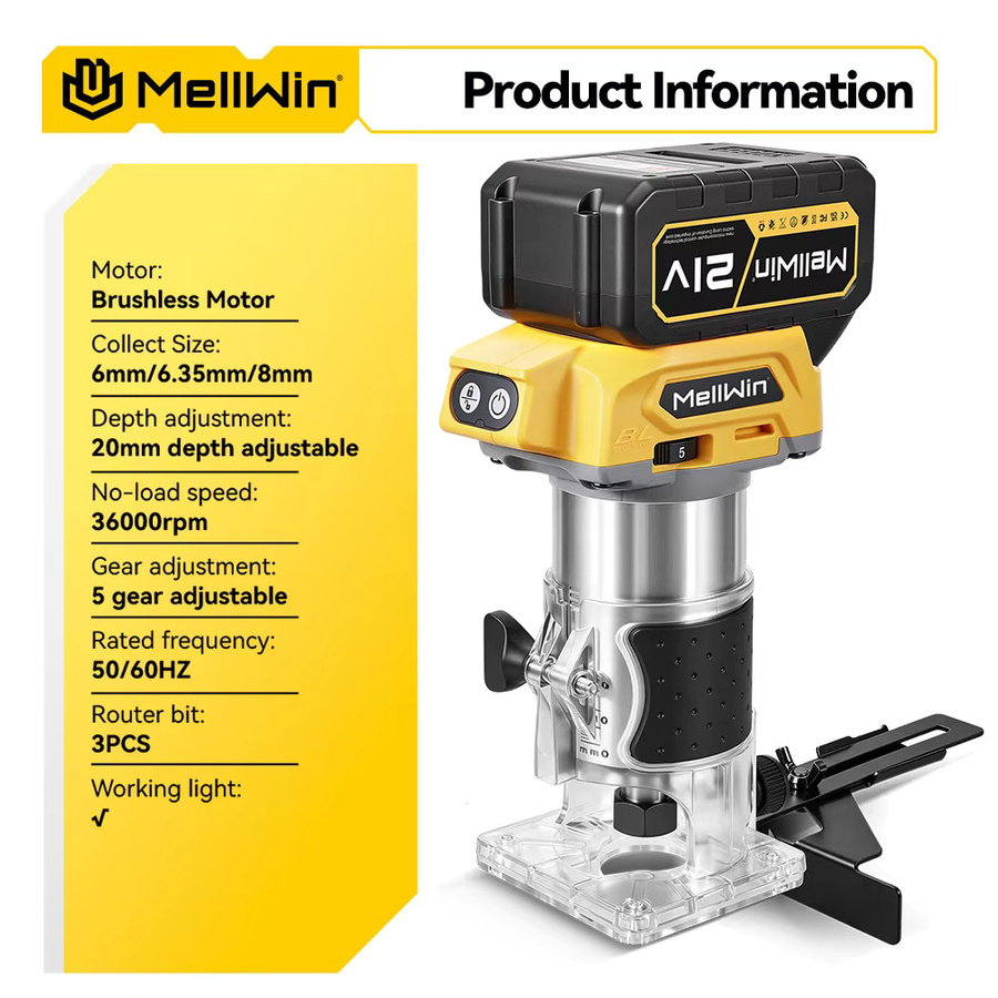 MELLWIN Bürstenloser Holzfräser mit 5 Geschwindigkeiten, kabelloser elektrischer Trimmer-Fräser für Holzbearbeitung, Gravur und Nutenfräsen, kompatibel mit Makita 18V Akku - Bild 2