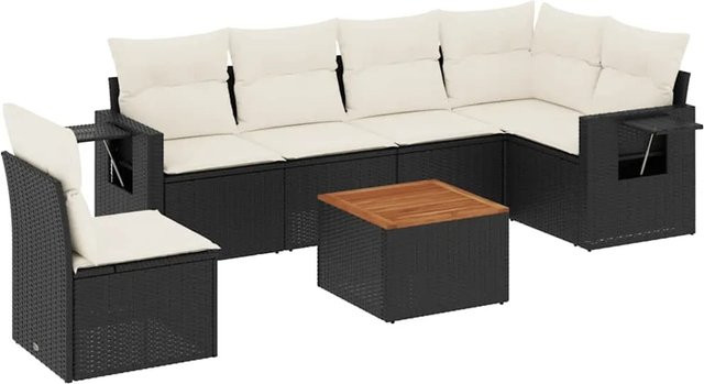 vidaXL 7-teilige Garten-Sofagarnitur in L-Form aus Polyrattan und Akazienholz mit Kissen, Schwarz-Cremeweiß - Bild 1