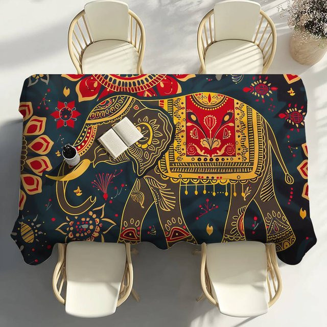Wasserdichte und fleckenabweisende Tischdecke mit Elefant-Mandala-Design von Fancy Style Studio, Mehrfarbig, B: 140 cm, L: 200 cm - Bild 1