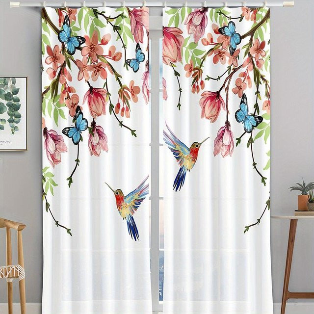 2 Stück Digitaldruck Vorhänge mit chinesischer Malerei Glückselster Vogel Motiv, halbtransparent, Mehrfarbig, B: 50 cm, H: 130 cm - Bild 1