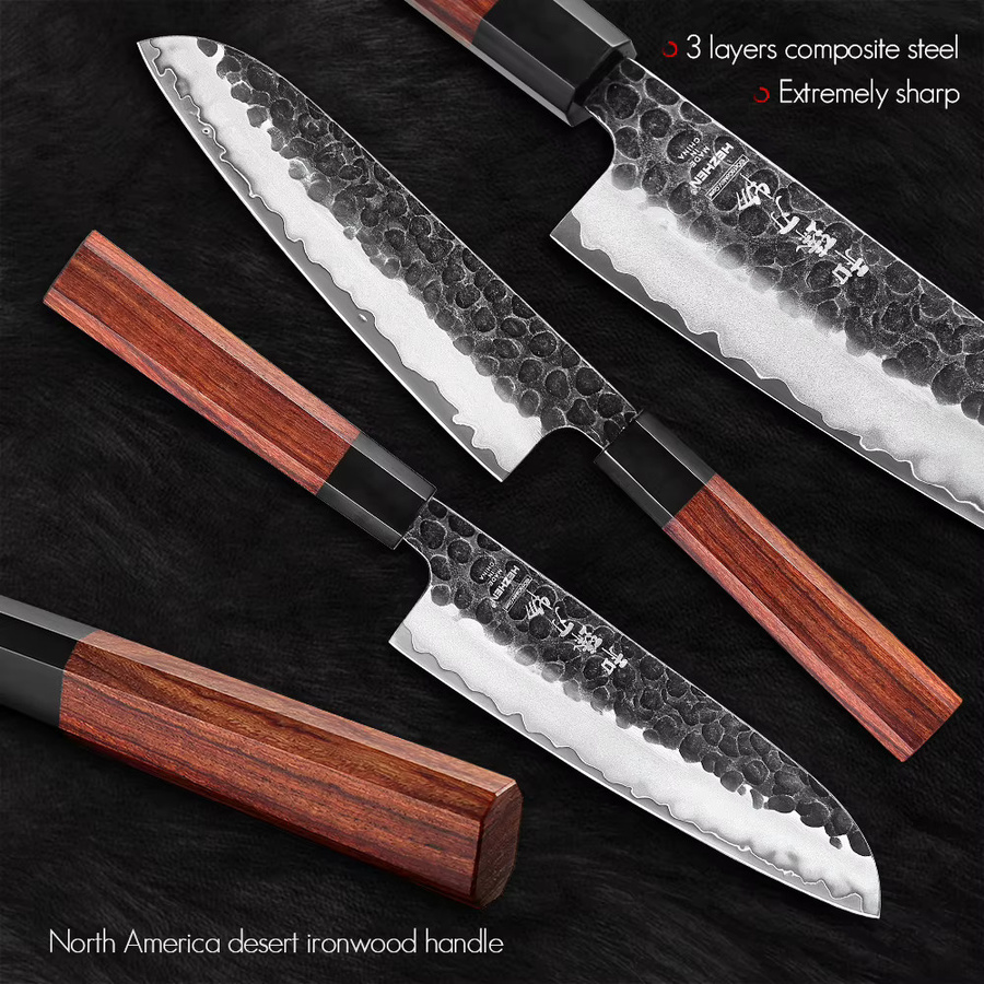 HEZHEN Santoku Kochmesser aus 3-lagigem Verbundstahl mit Palisandergriff in Silber und Braun - Bild 3