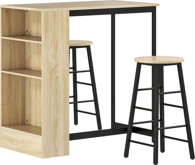 HOMCOM Bartisch mit Barhocker Set, 3-tlg. Essgruppe aus Stahl in Eiche, Modern-Stil mit Stauraum und Fußstützen - Bild 1