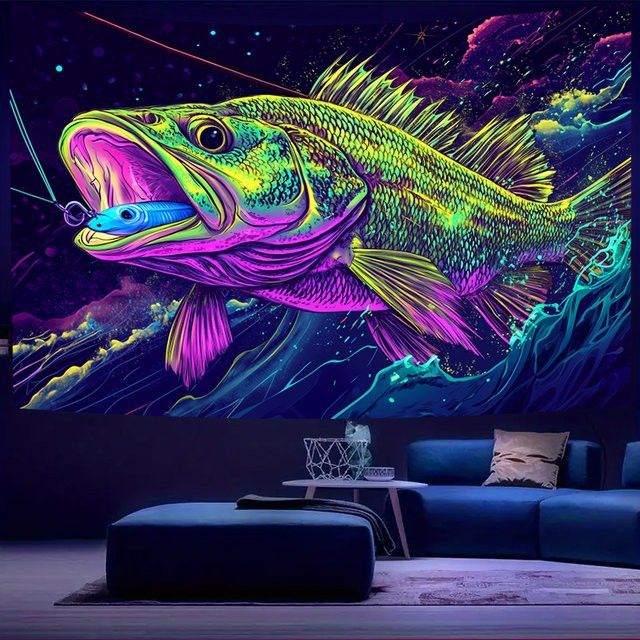 VIKAMA Bigmouth Black Bass Wandteppich mit Neon-Sternenhimmel in Schwarz, Wanddekoration für Wohnzimmer, Spielzimmer und Schlafzimmer, B/H: 60 x 40 cm - Bild 1