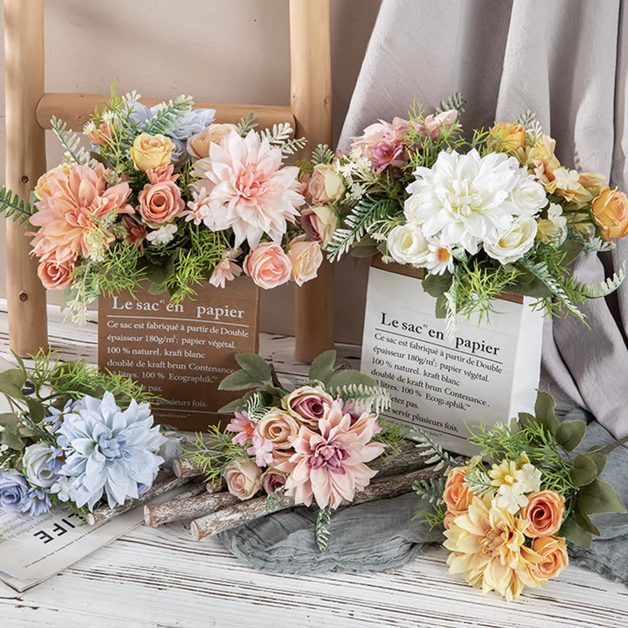 Künstliche Blumen Kombination aus Dahlien und kleinen Rosen in Weiß und Multicolour für Hochzeit, Dekoration und DIY-Projekte - Bild 2