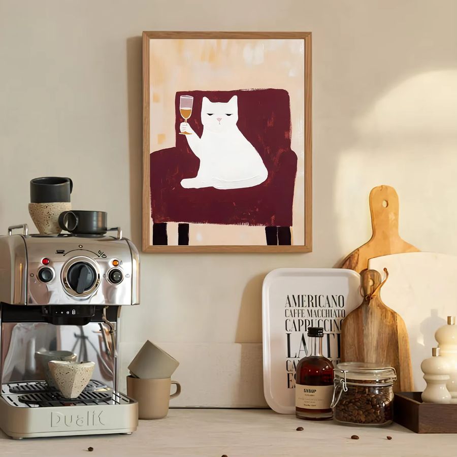 Matisse Stil Wandkunst Champagner-Katze als Poster in Rot und Burgunder für deine Neujahrs- und Winterdekoration - Bild 4