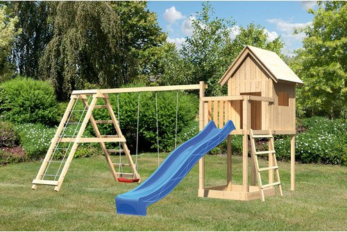 Karibu Spielturm Frieda in Braun mit Anbau, Klettergerüst und Rutsche - Bild 3